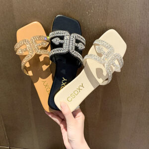 Women's Rhinestone Cut-Out Flat Slide Sandals – Square-Toe Summer Slippers