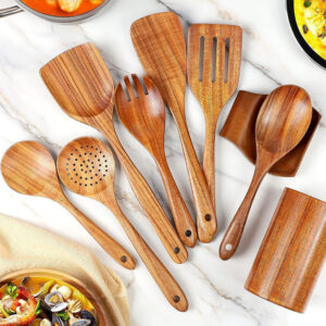 9-Piece Natural Teak Wood Kitchen Utensil Set with Spoon Rest